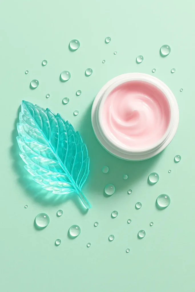 Cooling Herbs for Summer: Help You Keep Cool & Calm 2 Minimalist composition of a pink face cream and a single translucent mint leaf with dewy water droplets on a pastel green background.