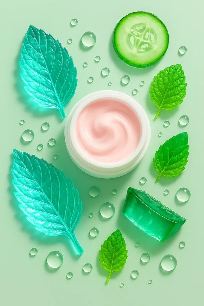 Cooling Herbs for Summer: Help You Keep Cool & Calm 3 Flat lay of a pink cream in a white jar surrounded by translucent mint leaves, cucumber slices, and aloe vera on a light green background with water droplets.