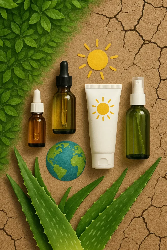 Eco-friendly skincare products, aloe vera, and a sunscreen bottle arranged between green leaves and dry cracked earth, symbolizing the effects of climate change on skin care.