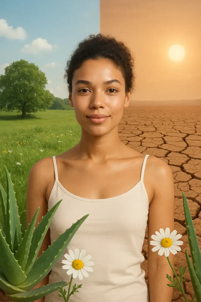 Portrait of a woman with healthy skin, surrounded by aloe vera and chamomile, with a split background showing green nature and dry, cracked earth to represent the effects of climate change on skin care.
