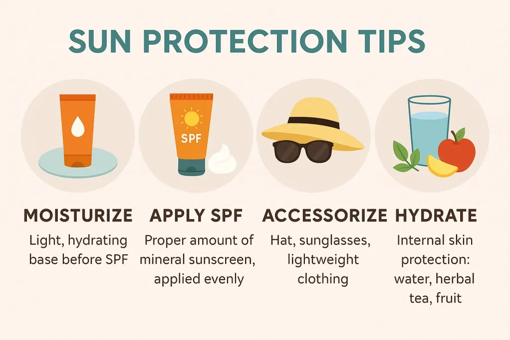 Infographic showing 4 steps for DIY sun protection: moisturizing, applying mineral sunscreen, using sun-safe accessories, and hydrating with water and fruit.