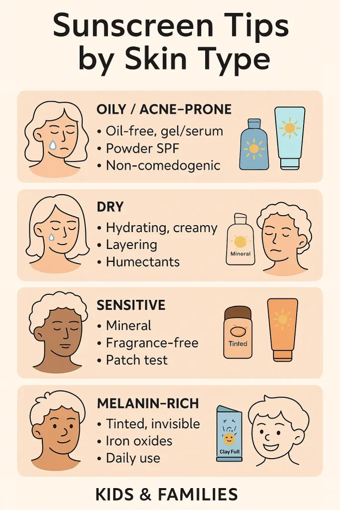 Infographic showing sunscreen tips for different skin types, including oily, dry, sensitive, melanin-rich skin, and kids.