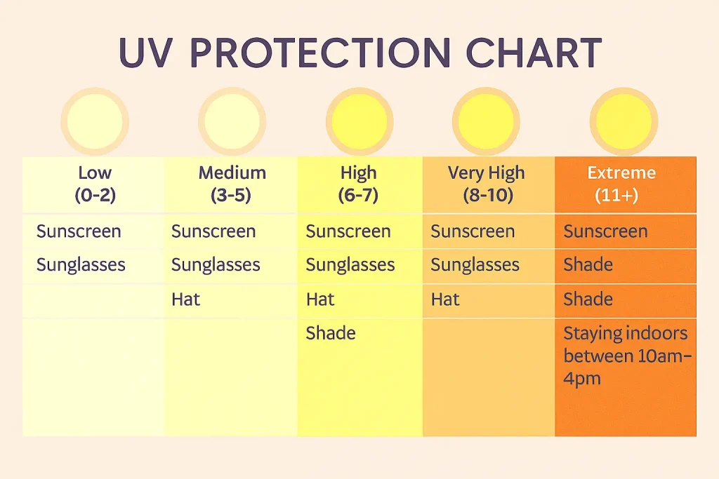 UV protection chart showing recommended sun safety measures for different UV index levels.