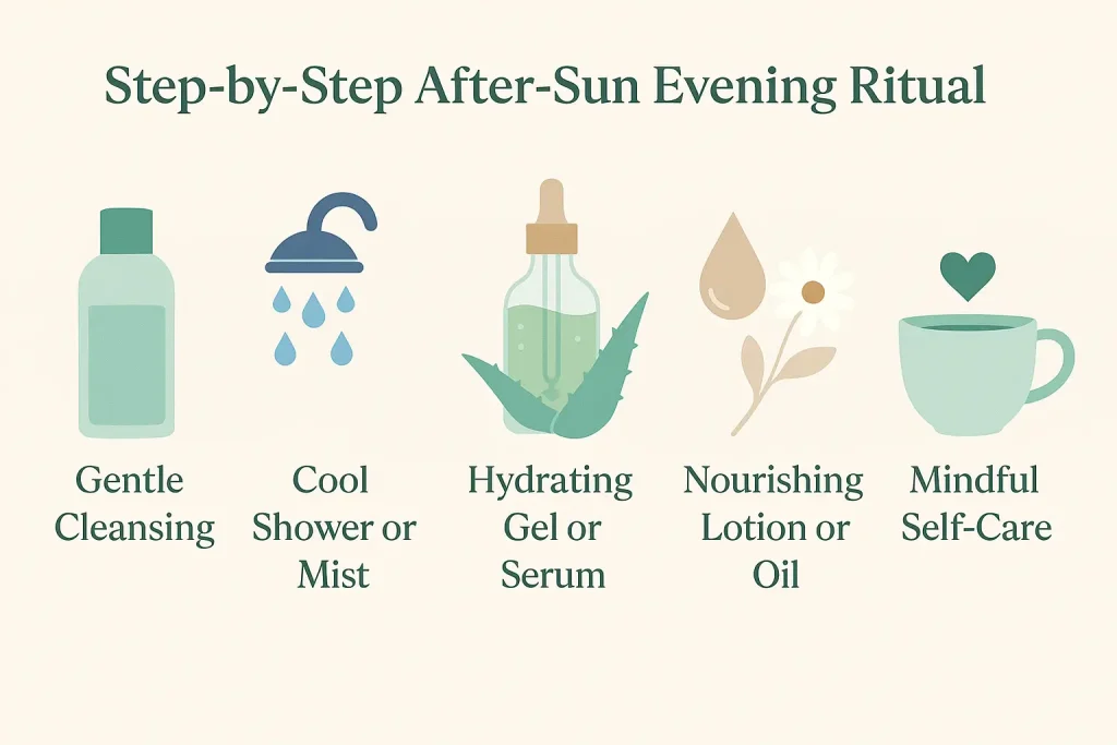 Minimalist infographic illustrating a five-step after-sun evening skincare ritual: gentle cleansing, cool shower or mist, hydrating gel, nourishing lotion or oil, and mindful self-care.
