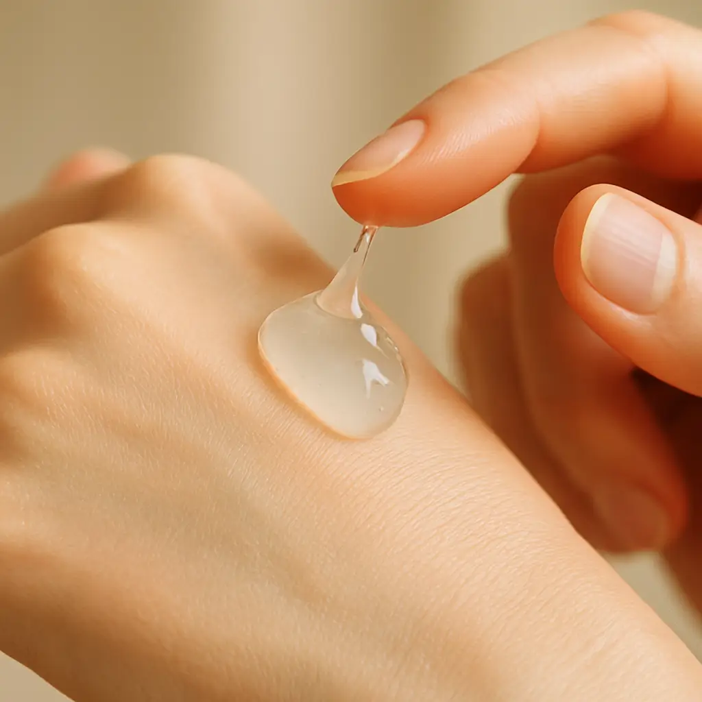 Close-up of a hand applying clear aloe vera gel, showing the soothing and hydrating texture ideal for after-sun skin recovery.
