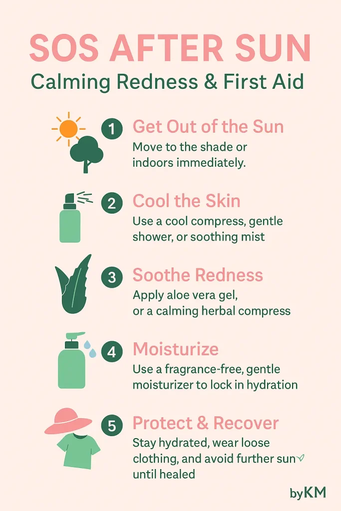 Infographic titled "SOS After Sun: Calming Redness & First Aid" with five steps: Get out of the sun, Cool the skin, Soothe redness, Moisturize, and Protect & Recover, each accompanied by simple icons.