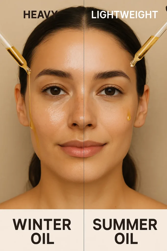 Comparison of heavy winter facial oil and lightweight summer facial oil on skin.