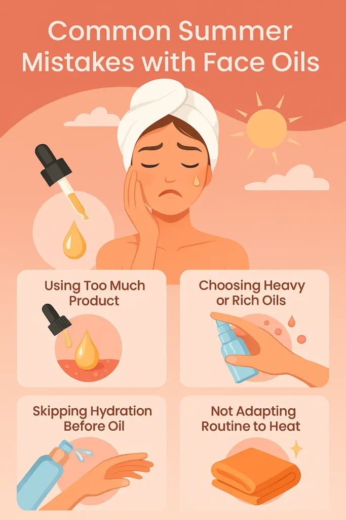 Common summer mistakes with face oils including using too much product, heavy oils, skipping hydration, and not adapting skincare routine to heat.