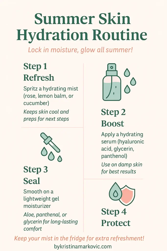 Step-by-step summer skin hydration routine with mist, serum, gel moisturizer, and plant oil—ideal for glowing, hydrated skin all summer long. Includes DIY tips and KM’s favorite ingredients.
